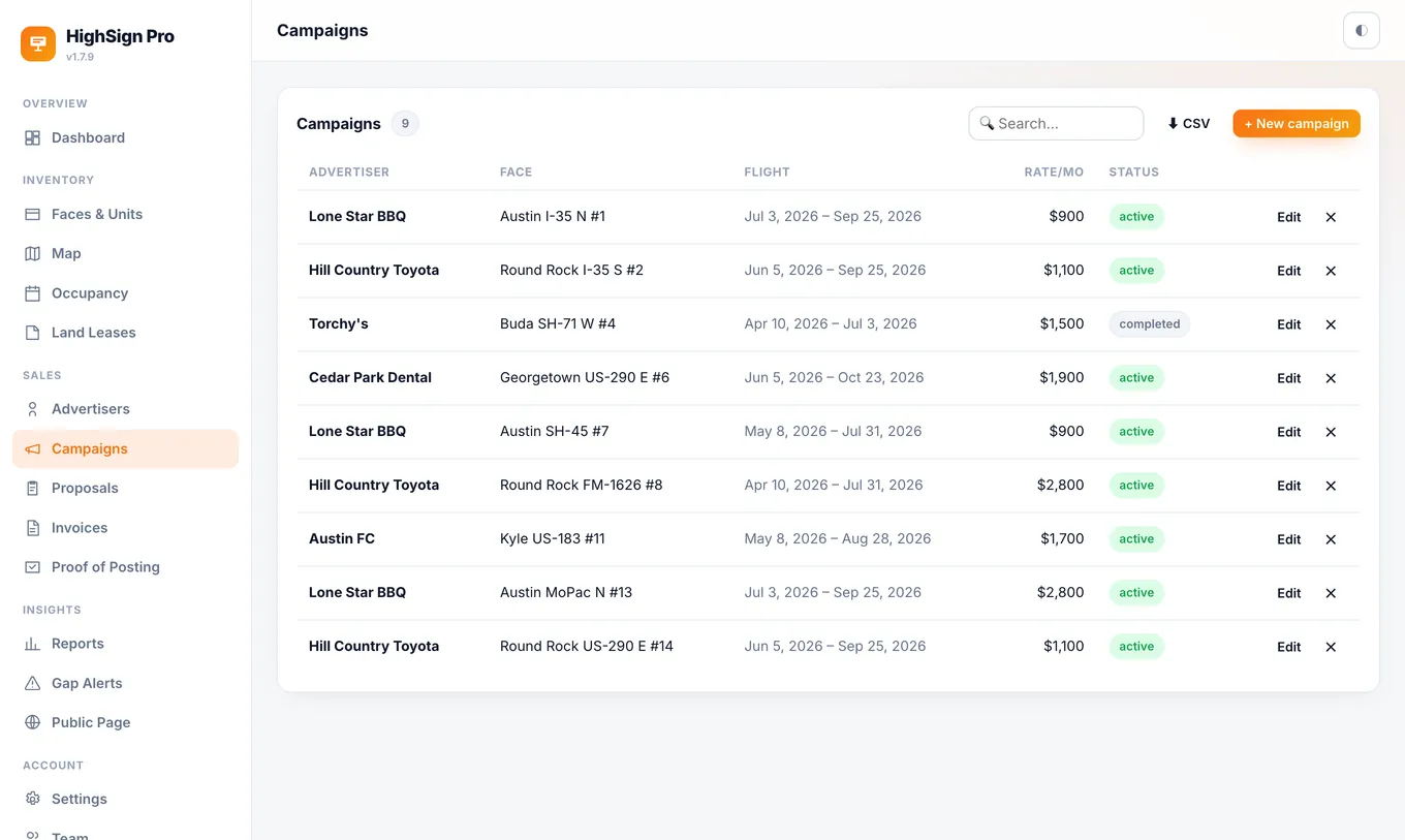 HighSign Pro campaigns — flighted and tied to faces