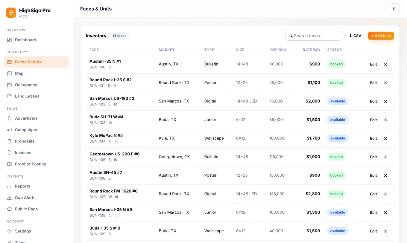 HighSign Pro inventory — every face with size, rate and status