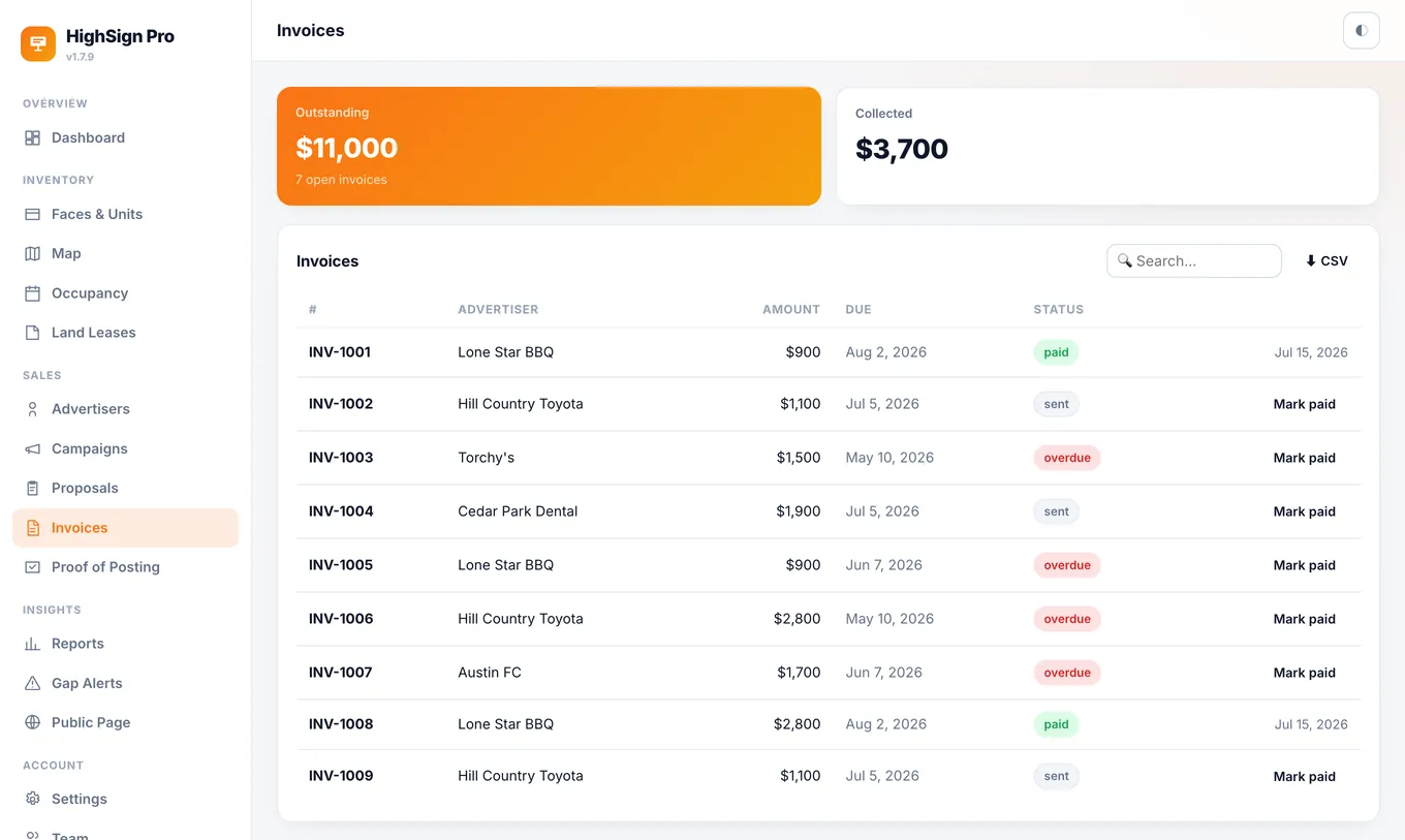 HighSign Pro invoices — billed vs paid, in your currency
