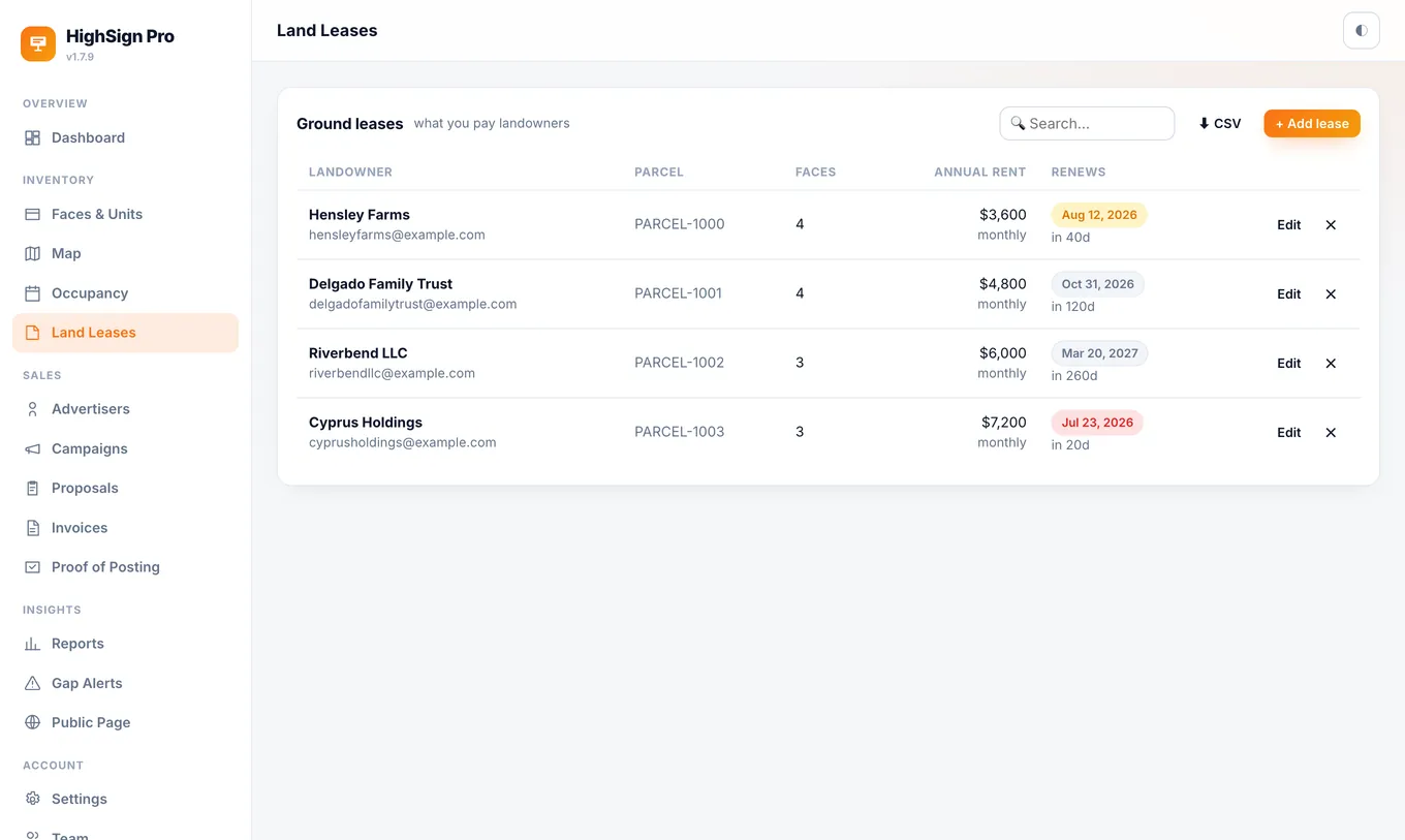HighSign Pro land leases — ground rent and renewal alerts