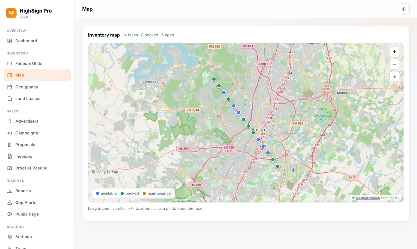 HighSign Pro map — inventory pinned on the street